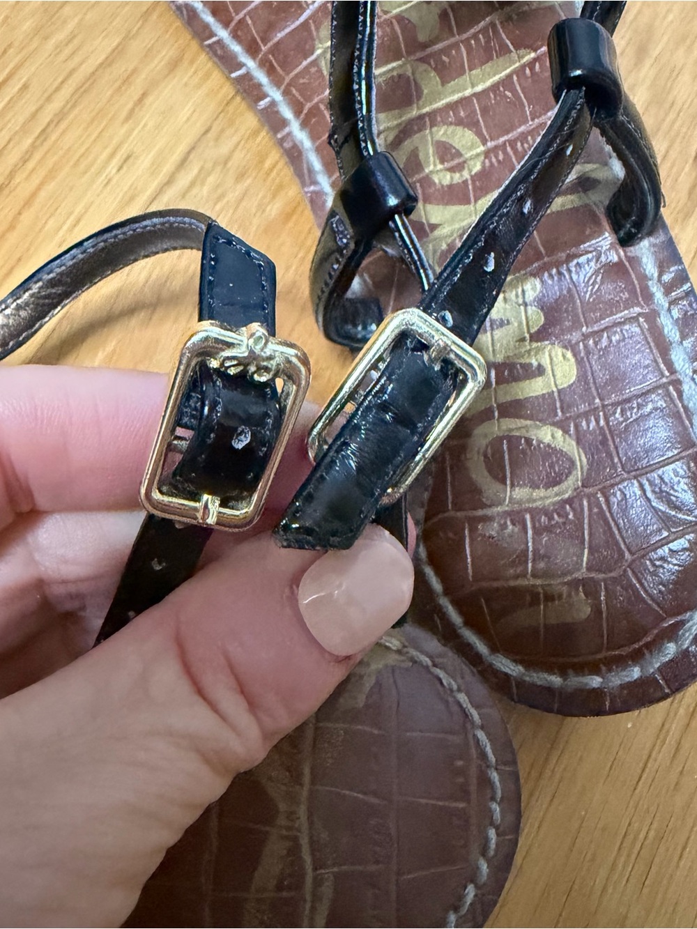 Sam Edelman Black Patent Brown Croc Gigi Flat Sandals Size 5.5 - Picture 12 of 15
